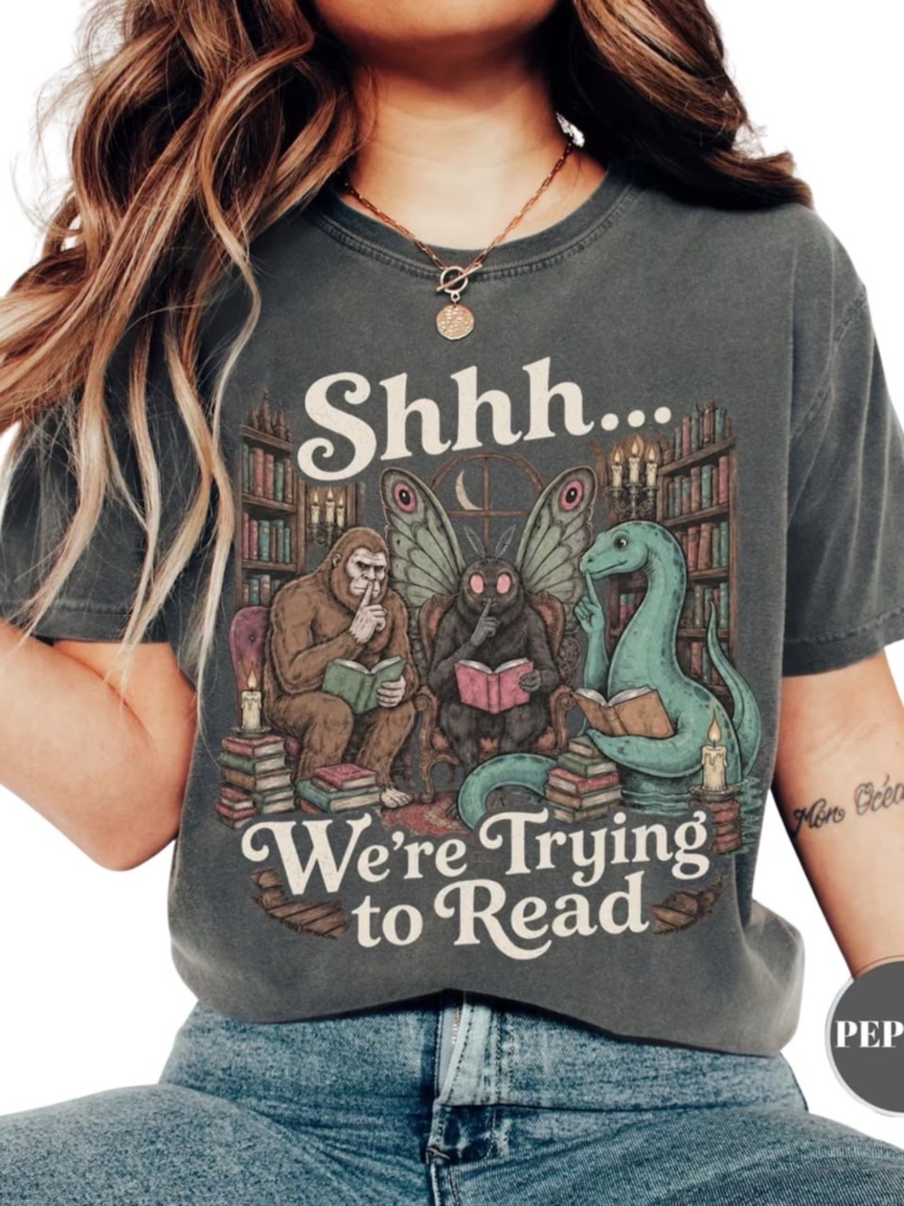 Comfort Colors Pepper Graphic 'Shhh... We're Trying to Read' Tee